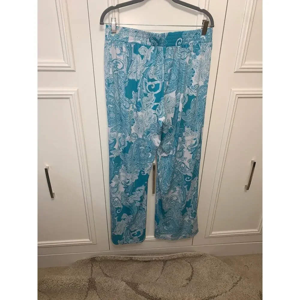IMAN Women's XL Wide-Leg Paisley Pull-On Pants Blue Casual‎ Shimmer